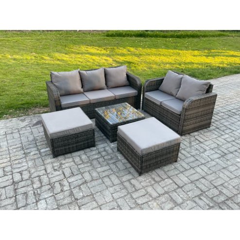 Fimous PE Rattan Garden Furniture Sets 7 Seater Outdoor Lounge Sofa Set Square Coffee Table 2 Big Footstool