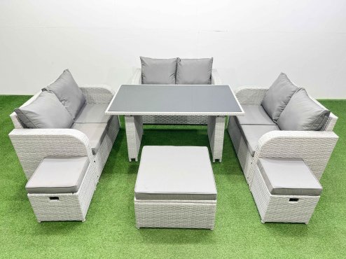 Fimous 9 Seater Patio Garden Furniture Sets with Black Glass Top Dining Table Love Sofa 3 Stool Light Grey