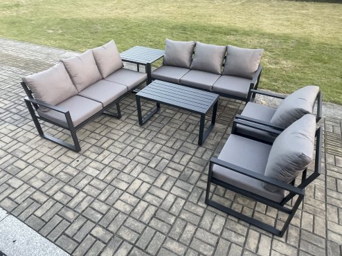 Fimous Aluminium 6 Pieces Garden Furniture Set with Cushions 8 Seater Outdoor Patio Lounge Sofa Set with 2 Armchairs Side Table Dark Grey