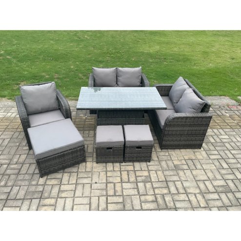 Fimous Rattan Furniture Garden Dining Set Outdoor Height Adjustable Rising lifting Table Love Sofa Chair With 3 Footstools