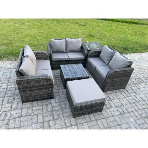 Fimous Outdoor Garden Furniture Sets 7 Seater Wicker Rattan Furniture Sofa Sets with Square Coffee Table Love seat Sofa Big Footstool Side Table