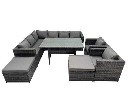 Fimous Outdoor PE Rattan Sofa Set with Dining Table Patio Garden Furniture Sets with 2 Big Stool Dark Grey Mixed