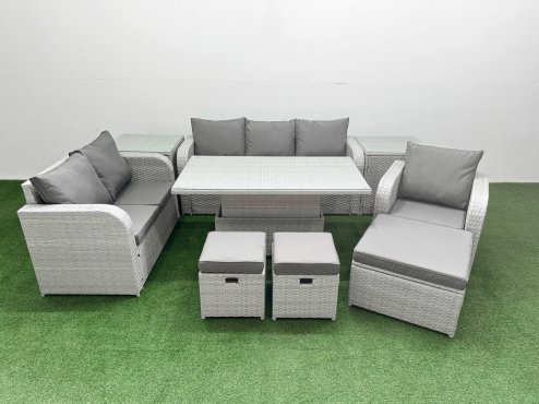 Fimous Patio PE Wicker 9 Seater Outdoor Rattan Furniture Sofa Sets with Adjustable Lifting Dining or Coffee Table Reclining Chair Loveseat Sofa 3 Seater Sofa Stool 2 Side Table Light Grey