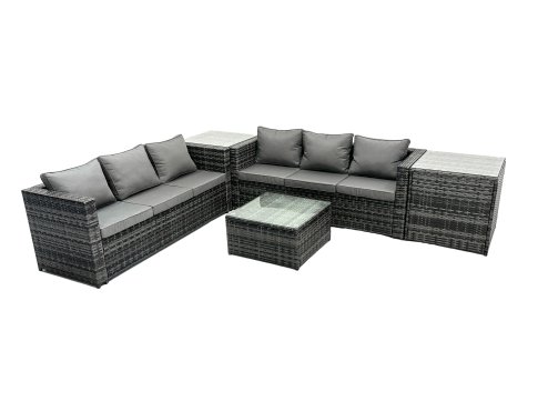 Fimous Outdoor Rattan Garden Furniture Set 6 Seater Patio Lounge Sofa Set with Square Coffee Table 2 Side Table Dark Grey Mixed