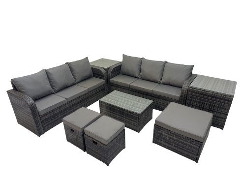 Fimous Outdoor 3 Seater Sofa Coffee Table Set Garden Rattan Furniture Set 9 Seater with 3 Stool 2 Side Tables Dark Grey