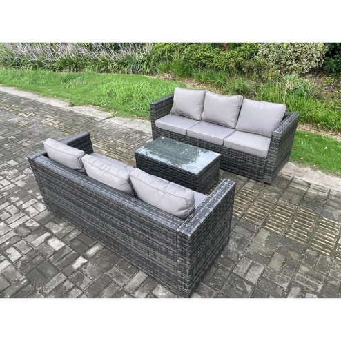 Fimous 6 Seater Rattan Garden Furniture Set Outdoor Patio Sofa Set with Oblong Table Dark Grey Mixed