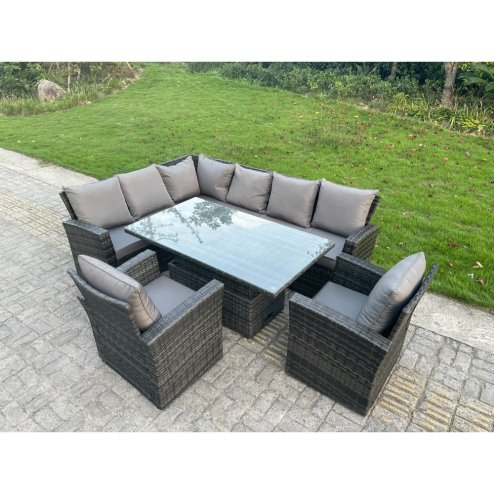 Fimous High Back PE Rattan Corner Sofa Set Garden Furniture Adjustable Rising Lifting Table Set With 2 Armchair