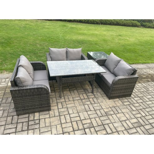 Fimous Wicker PE Rattan Sofa Outdoor Garden Furniture Set with Rectangular Dining Table Side Table Dark Grey Mixed