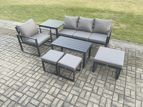 Fimous Aluminium 7 Pieces Garden Furniture Sofa Set with Cushions 7 Seater Outdoor Patio Set with Armchair 3 Footstools Side Table Dark Grey