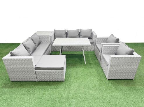 Fimous 9 Seater Garden Furniture Set PE Ratten Garden Sofa Set with Rectangular Dining Table Big Stool Side Table Light Grey