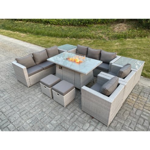 Fimous Light Grey Rattan Fire Pit Garden Furniture Set Gas Heater Burner Lounge Sofa Dining Set 2 Coffee Table Chairs Stools