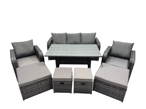 Fimous 8 Seat Outdoor Wicker PE Rattan Garden Furniture Set Dining Table Sofa Set with 4 Stools Dark Grey Mixed