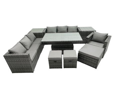 Fimous PE Rattan Garden Furniture Set Lounge Sofa Rising Dining Table Set with 2 Side Tables 3 Footstool Dark Grey Mixed