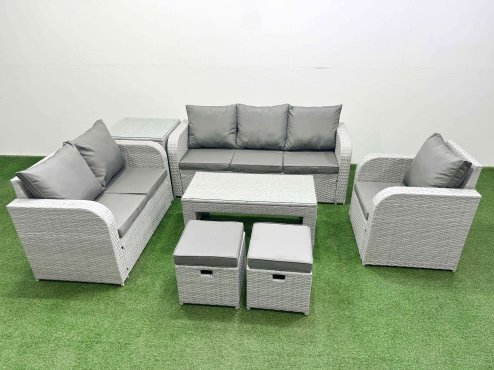 Fimous Patio PE Wicker 8 Seater Outdoor Rattan Furniture Sofa Sets with Oblong Coffee Table Reclining Chair Loveseat Sofa 3 Seater Sofa Stool Side Table Light Grey