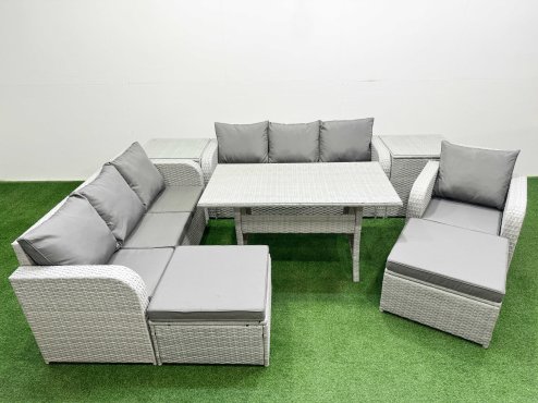 Fimous 9 Seater Poly Rattan Outdoor Garden Furniture Rectangular Dining Table Sofa Set Patio 3 Seater Sofa Reclining Chair 3 Seater Sofa 2 Big Footstools 2 Side Table Light Grey