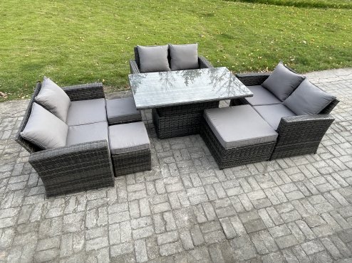 Fimous Wicker PE Rattan Garden Furniture Set Height Adjustable Rising Lifting Table Sofa Dining Set with Double Seat Sofa 3 Footstools Dark Grey Mixed