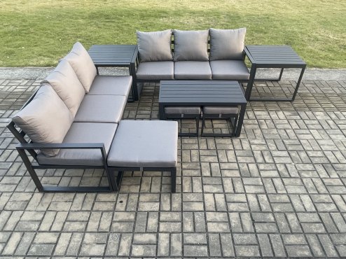 Fimous Aluminium 9 Seater Garden Furniture Outdoor Patio Sofa Set with Rectangular Coffee Table 3 Footstools 2 Side Tables Dark Grey