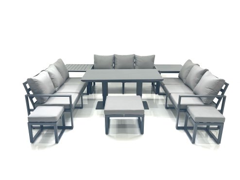 Fimous 12 Seater Garden Sofa Set Aluminium Furniture Rising Dining Tabe Set with 2 Side Tables 3 Footstools Dark Grey