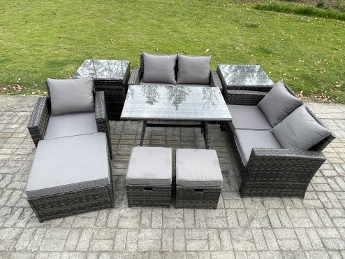 Fimous Garden Dining Set Wicker PE Rattan Outdoor Furniture Sofa with Rectangular Dining Table Double Seat Sofa 2 Side Tables 3 Footstools Dark Grey Mixed