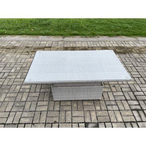 Fimous Outdoor PE Rattan Garden Funiture Set Height Adjustable Rising Lifting Table Sofa Dining Set with Armchair Big Footstool