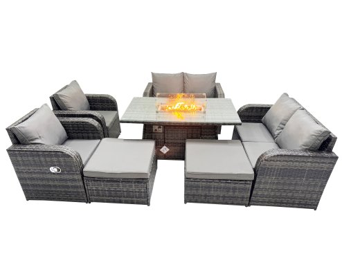 Fimous 8-seater Patio Gas Firpit Dining Table Sofa Sets Rattan Garden Furniture Dining Set with 2 Big Stools Dark Grey Mixed