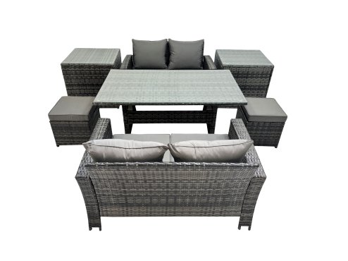 Fimous 6 Seater Wicker PE Rattan Furniture Outdoor Dining Table Double Seat Sofa 2 Side Table 2 Small Stools Set Dark Grey Mixed