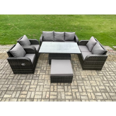 Fimous Rattan Outdoor Garden Furniture Sets Height Adjustable Rising lifting Dining Table Reclining Chair Sofa Set with Big Footstool Dark Grey Mixed