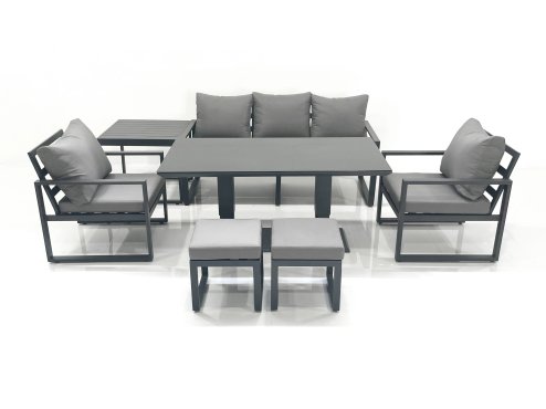 Fimous Outdoor Aluminium Garden Furniture Set with Adjustable Rising Lifting Dining Table 3 Seater Sofa 2 Chair 2 Small Footstools Side Table Dark Grey