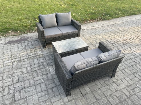 Fimous Wicker Rattan Garden Furniture Sofa Set with Rectangular Coffee Table Double Seat Sofa 4 Seater Outdoor Rattan Set Dark Grey Mixed