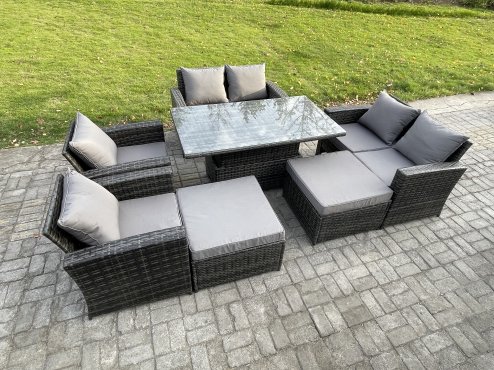 Fimous 8 Seater Wicker Rattan Garden Furniture Rising Table Set with 2 Big Footstool Double Seat Sofa Armchairs Dark Grey Mixed