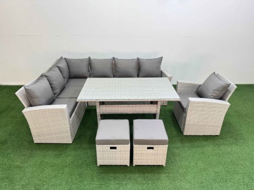 Fimous 9 Seater Rattan Garden Furniture Set Outdoor Patio Dining Corner Sofa Sets with Dining Table Chair 2 Small Footstools Light Grey Mixed