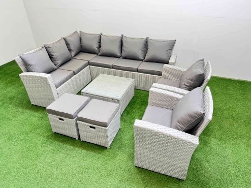 Fimous Outdoor Rattan Garden Furniture Set 10 Seater Corner Sofa Sets with Square Coffee Table Chair 2 Small Footstool Light Grey Mixed