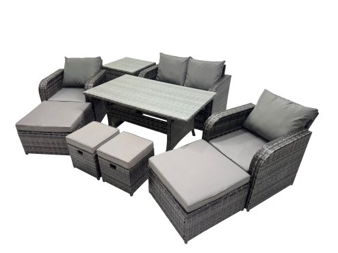 Fimous 8 Seat Outdoor Wicker PE Rattan Garden Furniture Set Dining Table Sofa Sets with 4 Stools Side Table Dark Grey Mixed