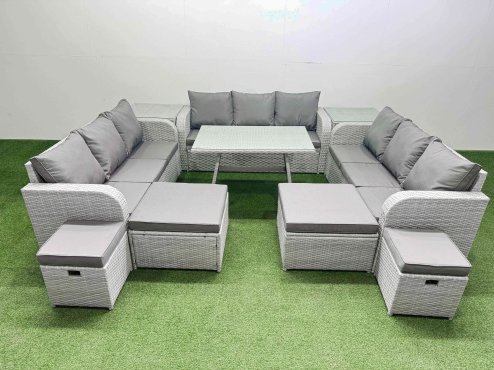 Fimous Patio Garden Furniture Sets with Dining Table 3 Seater Sofa 2 Side Tables 4 Stool Light Grey