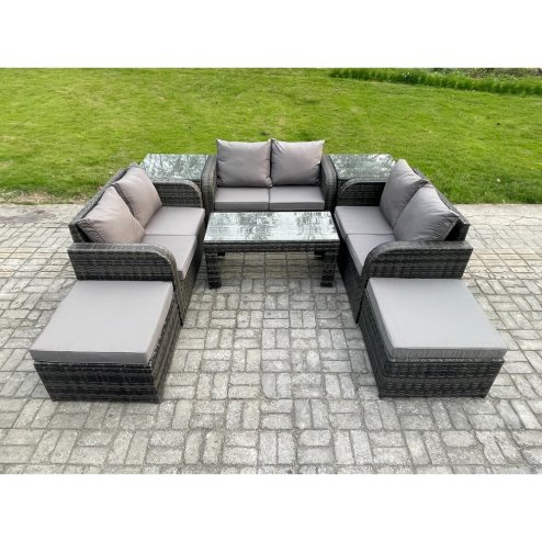 Fimous Outdoor Garden Furniture Sets 8 Seater Wicker Rattan Furniture Sofa Sets with Rectangular Coffee Table Love seat Sofa 2 Big Footstool 2 Side Tables