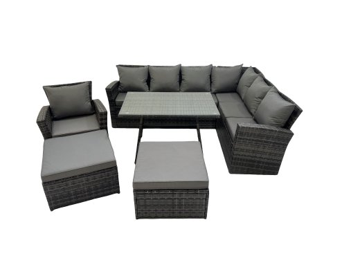 Fimous 9 Seater Garden Outdoor Rattan Furniture Set Rattan Corner Sofa Oblong Dining Table with Armchair 2 Big Footstools Dark Grey