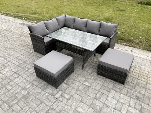 Fimous 8 Seater Outdoor Rattan Garden Furniture Set with Rectangular Dining Table 2 Big Footstool Patio Wicker Corner Sofa Set Dark Grey Mixed