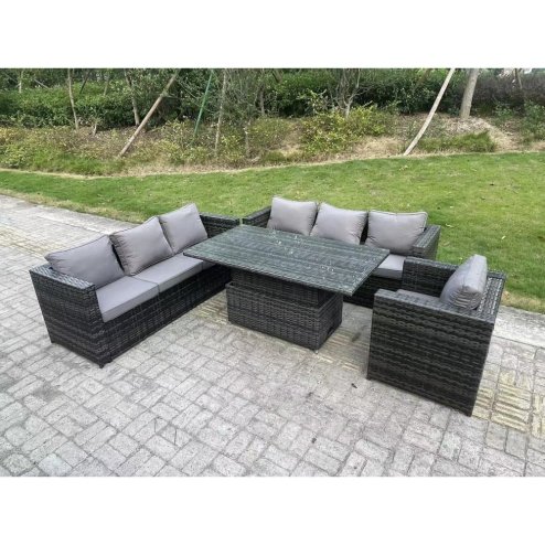 Fimous Wicker PE Garden Furniture Rattan Sofa Set Outdoor Adjustable Rising Lifting Dining Table Set with Armchair 7 Seater Dark Grey Mixed