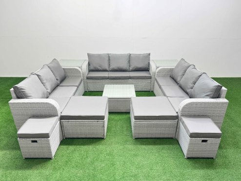 Fimous 13 Seater Outdoor Garden Furniture Set PE Rattan Lounge Sofa Set with Coffee Table 3 Seater Sofa 4 Footstools 2 Side Tables Light Grey