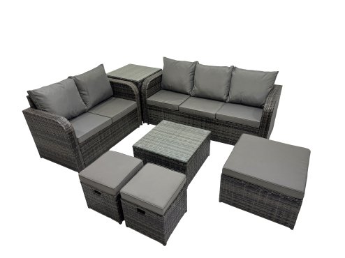 Fimous Wicker PE Rattan Garden Outdoor Furniture Set Love Sofa Square Coffee Table Set with 3 Stools Side Table Dark Grey Mixed