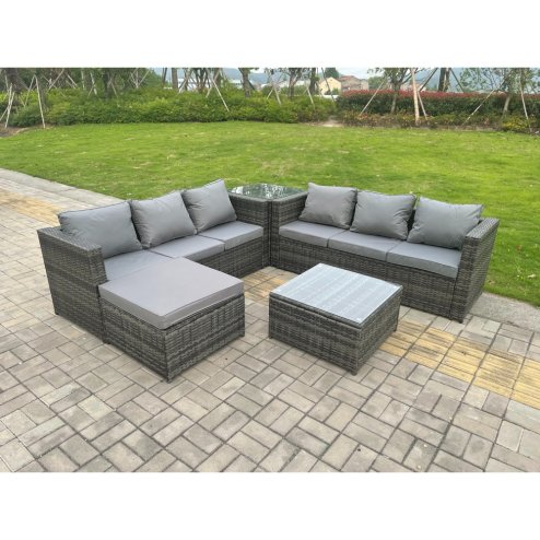 Fimous 7 Seater Dark Mixed Grey Rattan Corner Sofa Outdoor Garden Furniture With 2 Coffee Table Footstool