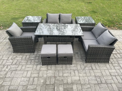 Fimous Outdoor Garden Dining Set Wicker PE Rattan Furniture Sofa with Rectangular Dining Table Double Seat Sofa 2 Side Tables 2 Small Footstools Dark Grey Mixed