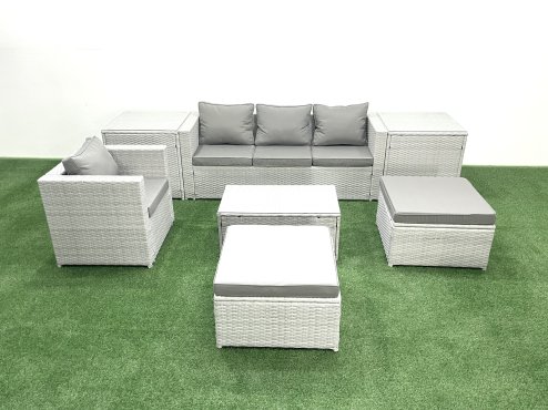 Fimous 7 Pieces Rattan Garden Furniture Set Outdoor Garden Sofa Chair Coffee Table Set with 2 Side Tables 2 Big Footstools Light Grey Mixed