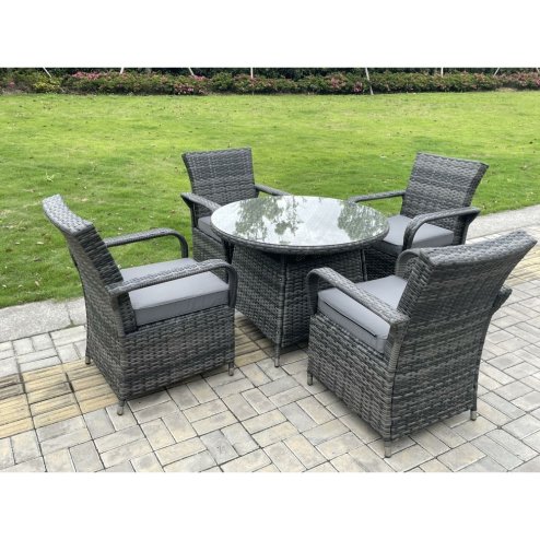 Fimous Outdoor Rattan Garden Furniture Dining Set Table And Chair Set Wicker Patio 4 Chairs Plus Round Clear Tempered Glass Table