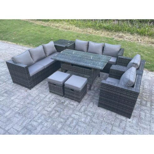 Fimous Outdoor Garden Furniture Rattan Lounge Sofa Set Patio Rectangular Dining Table with 2 Armchair Side Table 2 Small Footstool 10 Seater Dark Grey Mixed