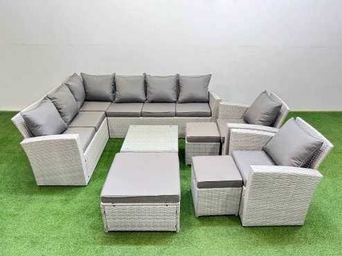 Fimous Outdoor Rattan Garden Furniture Set 11 Seater Corner Sofa Sets with Square Coffee Table Chair 3 Footstools Light Grey Mixed