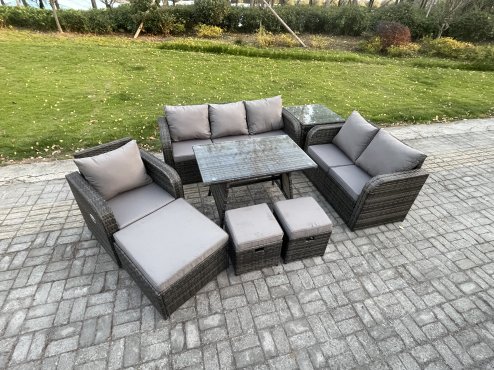 Fimous 9 Seater Outdoor Rattan Garden Furniture Set Patio Lounge Sofa Set with Dining Table 3 Footstools Side Table Dark Grey Mixed