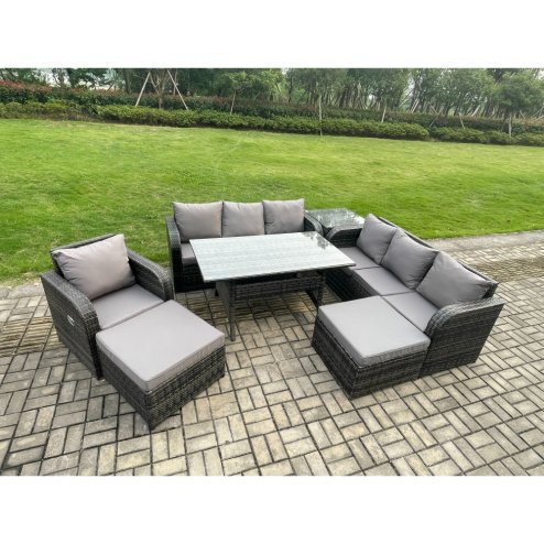 Fimous 9 Seater Outdoor Rattan Garden Furniture Set Oblong Rectangular Dining Table and Chairs Set with 3 Seater Sofa 2 Big Footstool Side Table Dark Grey Mixed