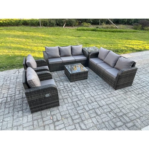 Fimous High Back Rattan Garden Furniture Set with Square Coffee Table Side Table Indoor Outdoor Patio Lounge Sofa Set Dark Grey Mixed