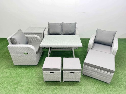 Fimous Light Grey PE Wicker Rattan Garden Furniture Set Sofa Set Reclining Chair Love Sofa Rectangular Dining Table 3 Stools Side Table
